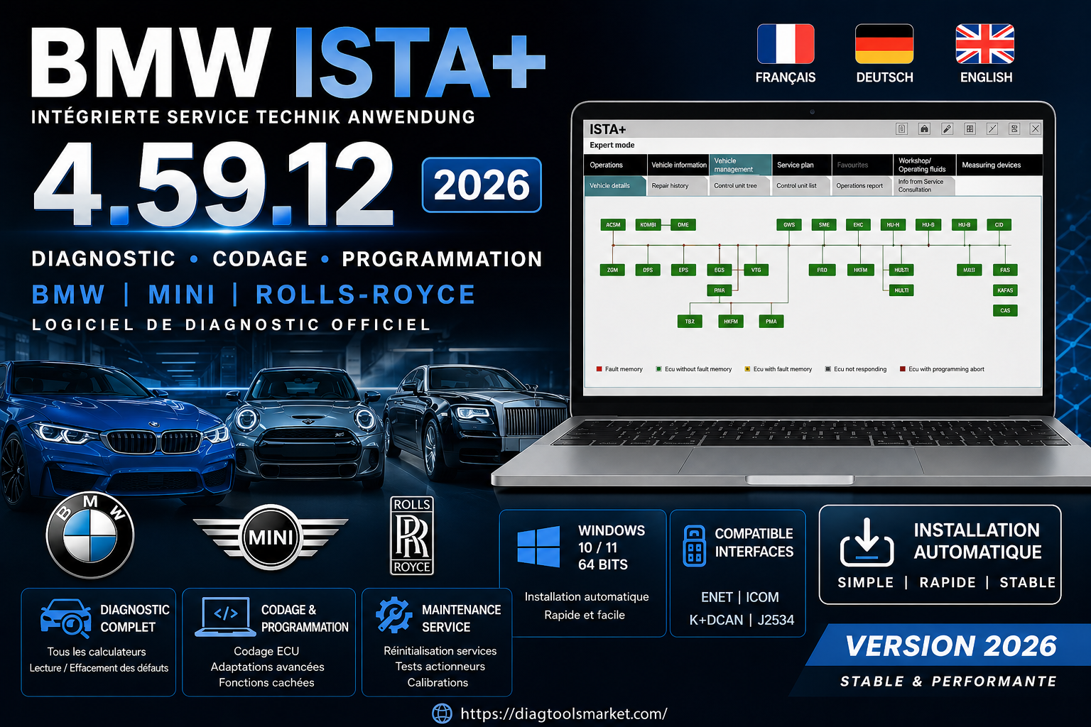 BMW ISTA+ 4.59.12 2026 FR DE EN – Logiciel Diagnostic BMW MINI Rolls-Royce Windows 10/11